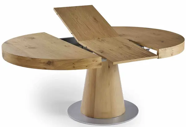 Mesa de comedor redonda extensible roble anudado base metal