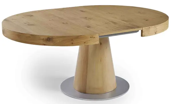 Mesa de comedor redonda extensible roble anudado base metal