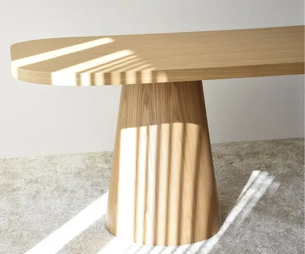 Mesa de comedor rectangular cantos matados doble pedestal roble