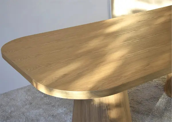 Mesa de comedor rectangular cantos matados doble pedestal roble