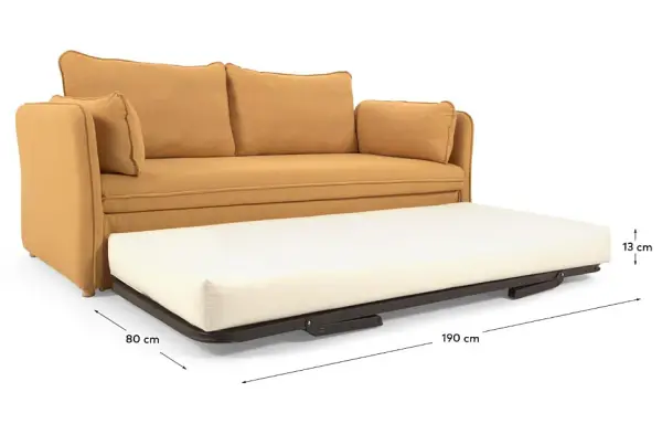 Sofá cama tapizado mostaza patas de madera natural Tanit