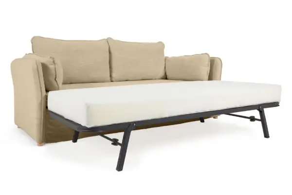 Sofá cama tapizado beige patas de madera natural Tanit