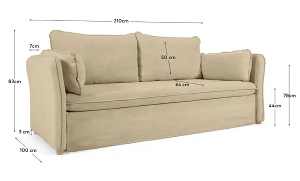 Sofá cama tapizado beige patas de madera natural Tanit