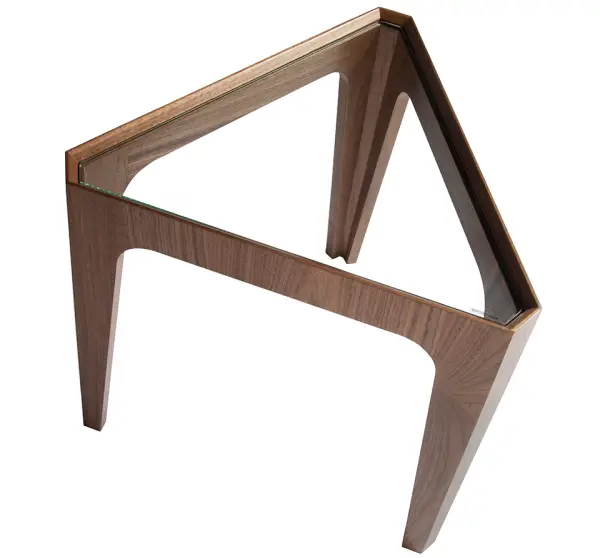 Mesa de rincón nogal y cristal triangular