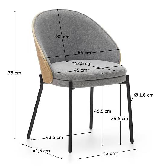 Silla trasera de fresno tapazada en gris pata metálica negra Eamy