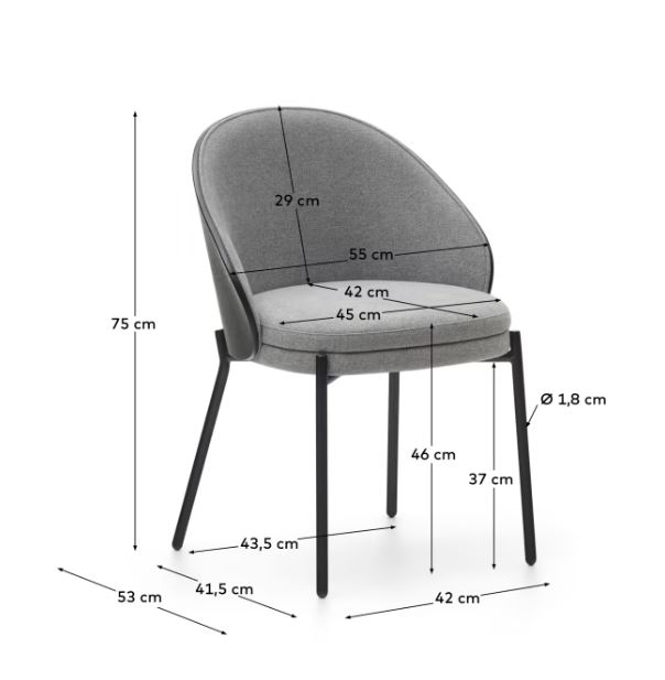 Silla trasera de fresno negro tapizada en gris pata metálica negra Eamy
