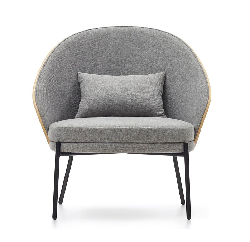 Sillón de fresno tapizado en gris pata metálica negra Eamy