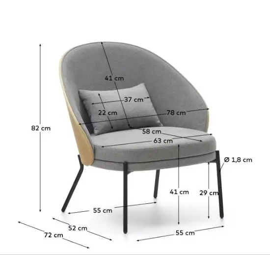 Sillón de fresno tapizado en gris pata metálica negra Eamy