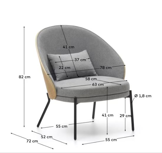 Sillón de fresno tapizado en gris pata metálica negra Eamy