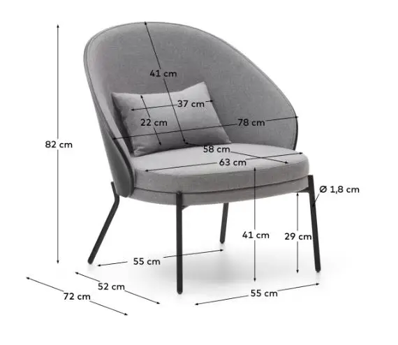 Sillón de fresno negro tapizado en gris pata metálica negra Eamy