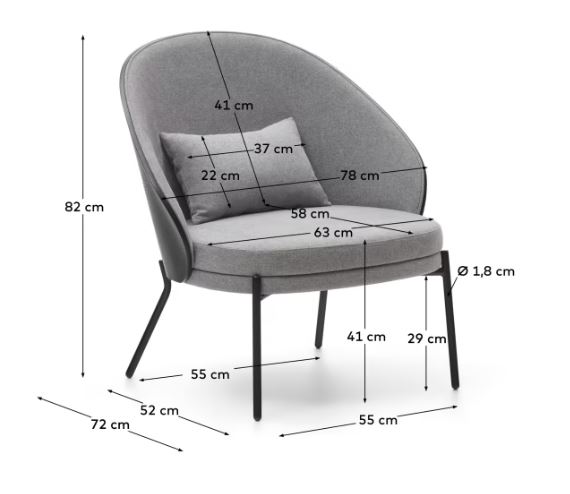Sillón de fresno negro tapizado en gris pata metálica negra Eamy