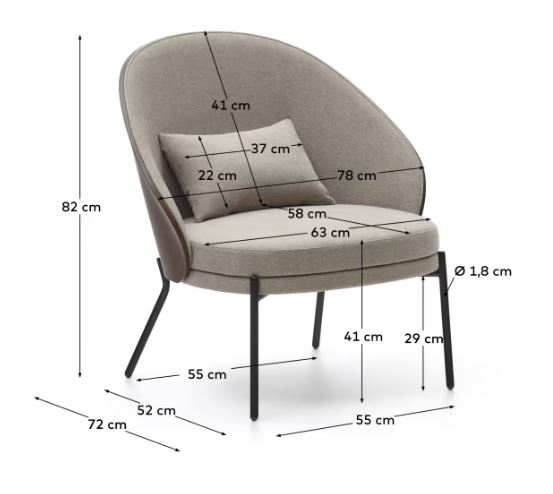 Sillón de fresno wengué tapizado en marrón claro pata metálica negra Eamy