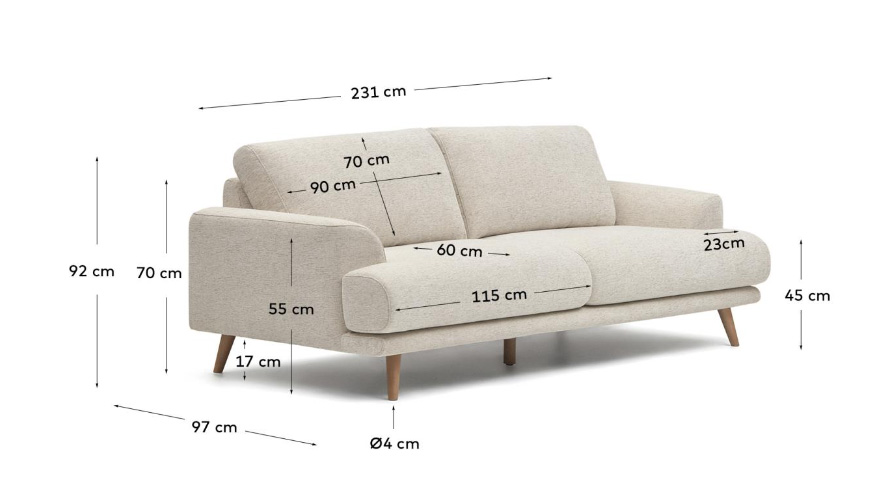 Sofá blanco y patas de madera maciza de haya Karin