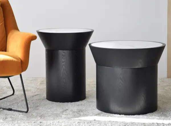 Mesa auxiliar fresno de diseño cilíndrico mármol Neda