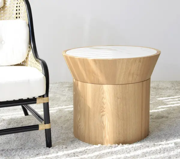 Mesa auxiliar fresno de diseño cilíndrico mármol Neda