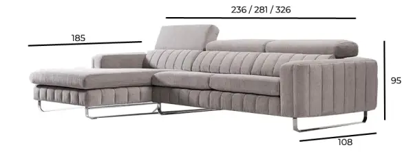 Sofá tapizado con chaiselongue de diseño patas metal Booker