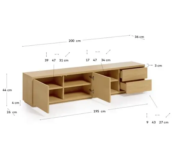 Mueble de tv bajo de roble 2 metros Abilen