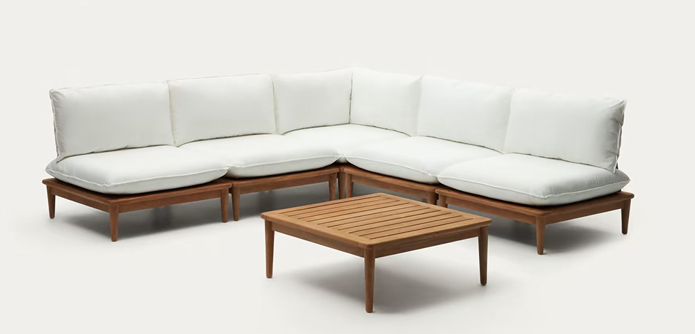 Sofá modular de 4 sillones y mesa de centro de madera maciza teca Portitxol