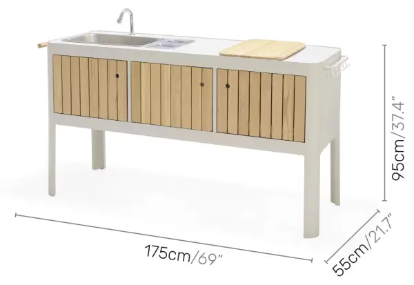 Cocina de exterior en alumnio beige y madera de teca