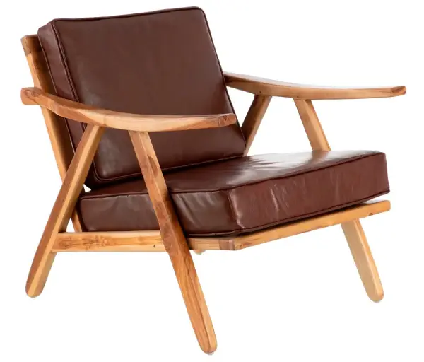 Butaca madera fija teka y piel acabado cognac