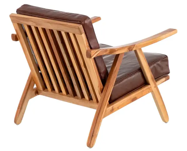 Butaca madera fija teka y piel acabado cognac