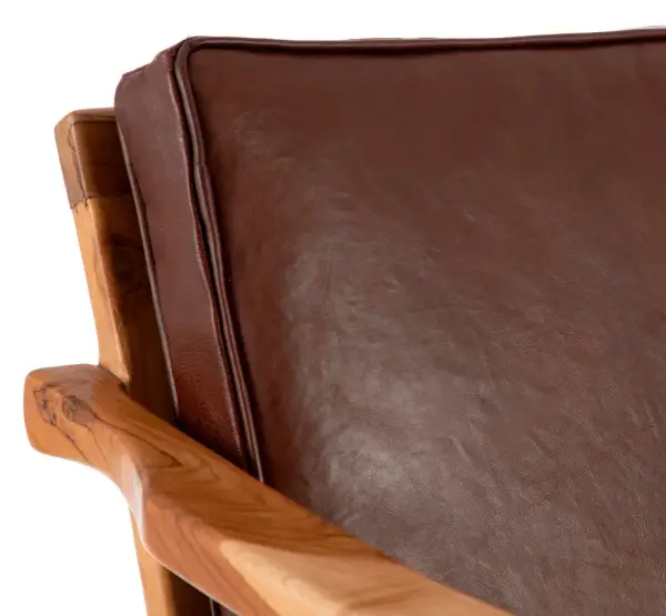 Butaca madera fija teka y piel acabado cognac