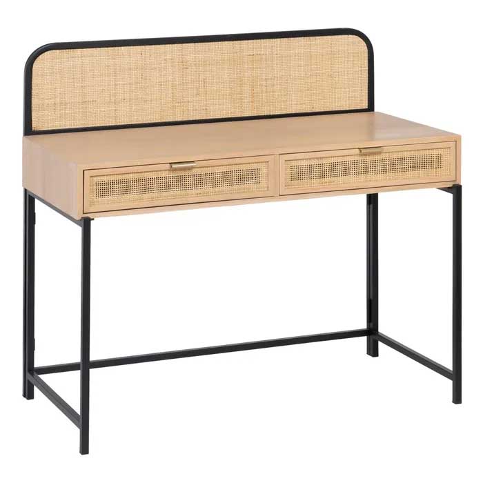 Mesa de escritorio de madera natural con metal negro y ratán One