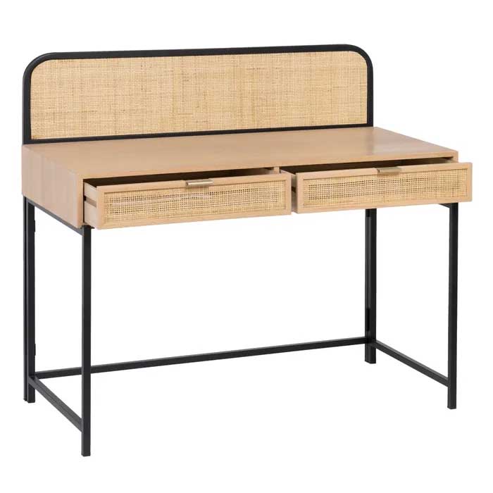Mesa de escritorio de madera natural con metal negro y ratán One