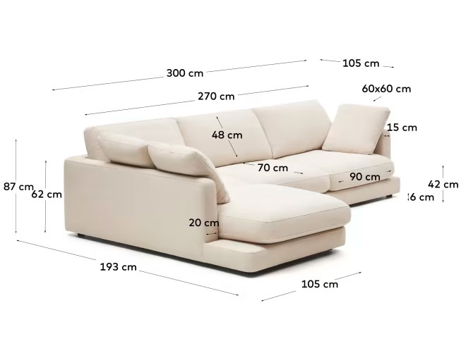 Sofá con chaise longue izquierda tapizado beige Gala