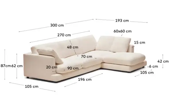 Sofá con chaise longue derecha tapizado beige Gala