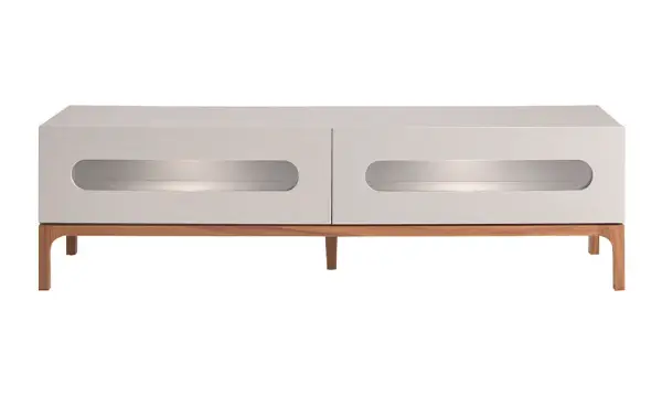 Mesa de televisión gris y nogal con iluminación interior