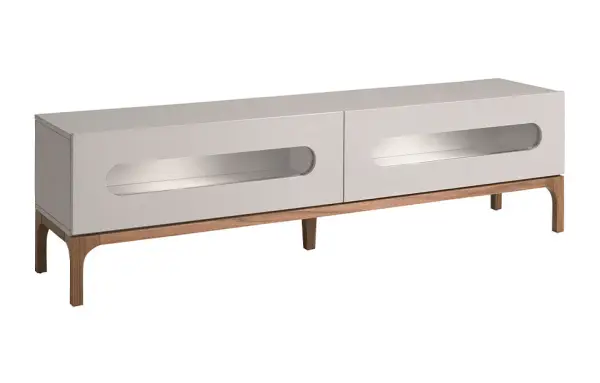 Mesa de televisión gris y nogal con iluminación interior