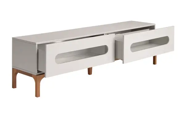 Mesa de televisión gris y nogal con iluminación interior