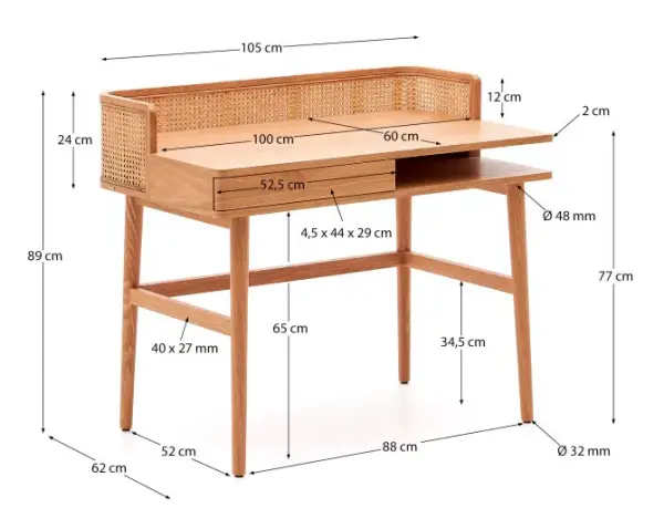 Mesa de escritorio madera maciza y rattán Araxi