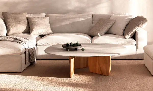 Mesa de centro fresno natural y mármol traventino Obi