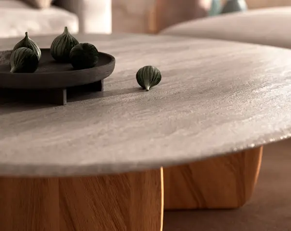 Mesa de centro fresno natural y mármol traventino Obi