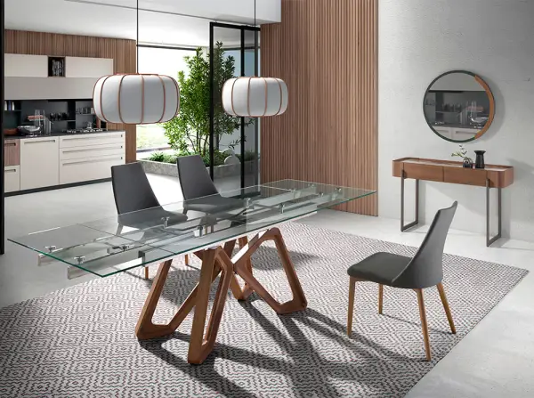 Mesa de comedor extensible nogal y cristal Jero