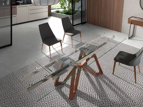 Mesa de comedor extensible nogal y cristal Jero