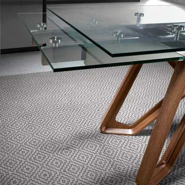 Mesa de comedor extensible nogal y cristal Jero