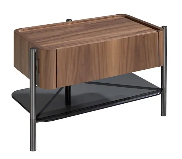 Mesa de noche nogal y metal con repisa