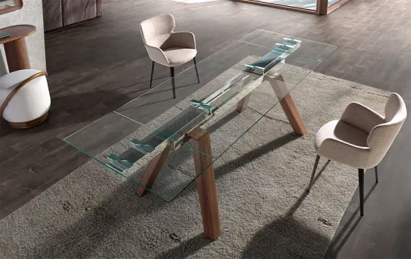 Mesa de comedor extensible cristal templado y nogal Tista