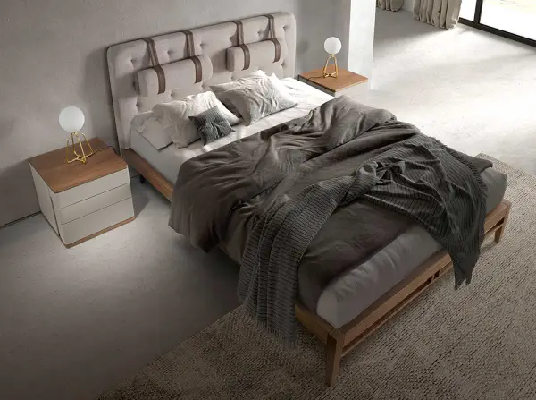 Cama capitoné tela gris y nogal Isabella
