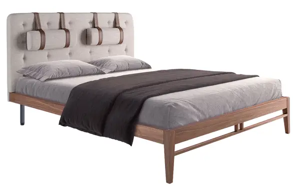 Cama capitoné tela gris y nogal Isabella