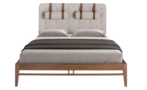 Cama capitoné tela gris y nogal Isabella