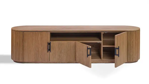 Mueble de tv de roble ovalado con palillería