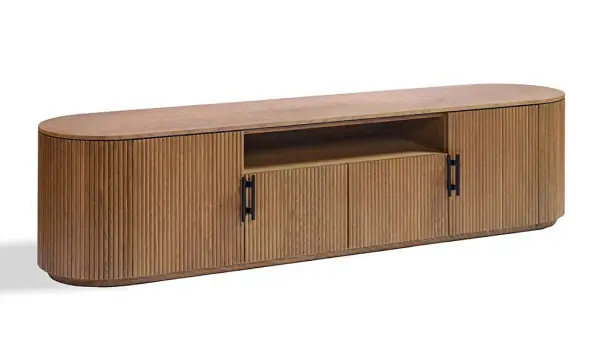 Mueble de tv de roble ovalado con palillería