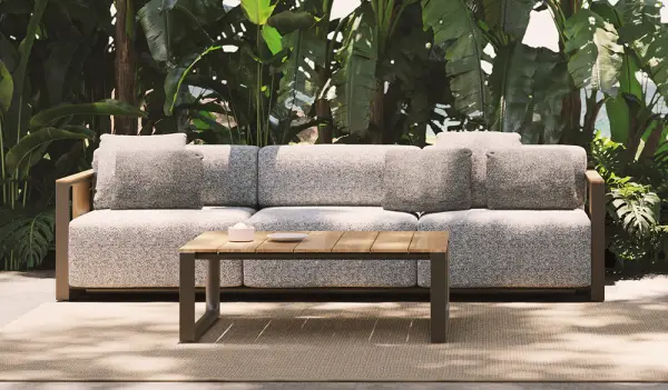 Sofá 3 plazas tapizado aluminio y madera de teca Tulum