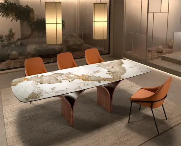 Mesa de comedor porcelánico y acero efecto nogal Okanagan
