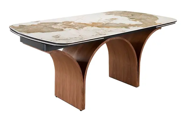 Mesa de comedor porcelánico y acero efecto nogal Okanagan