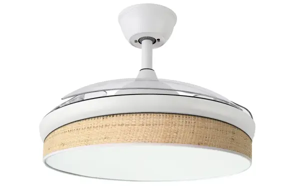 Ventilador de techo con luz 3 aspas blanco y cañizo claro